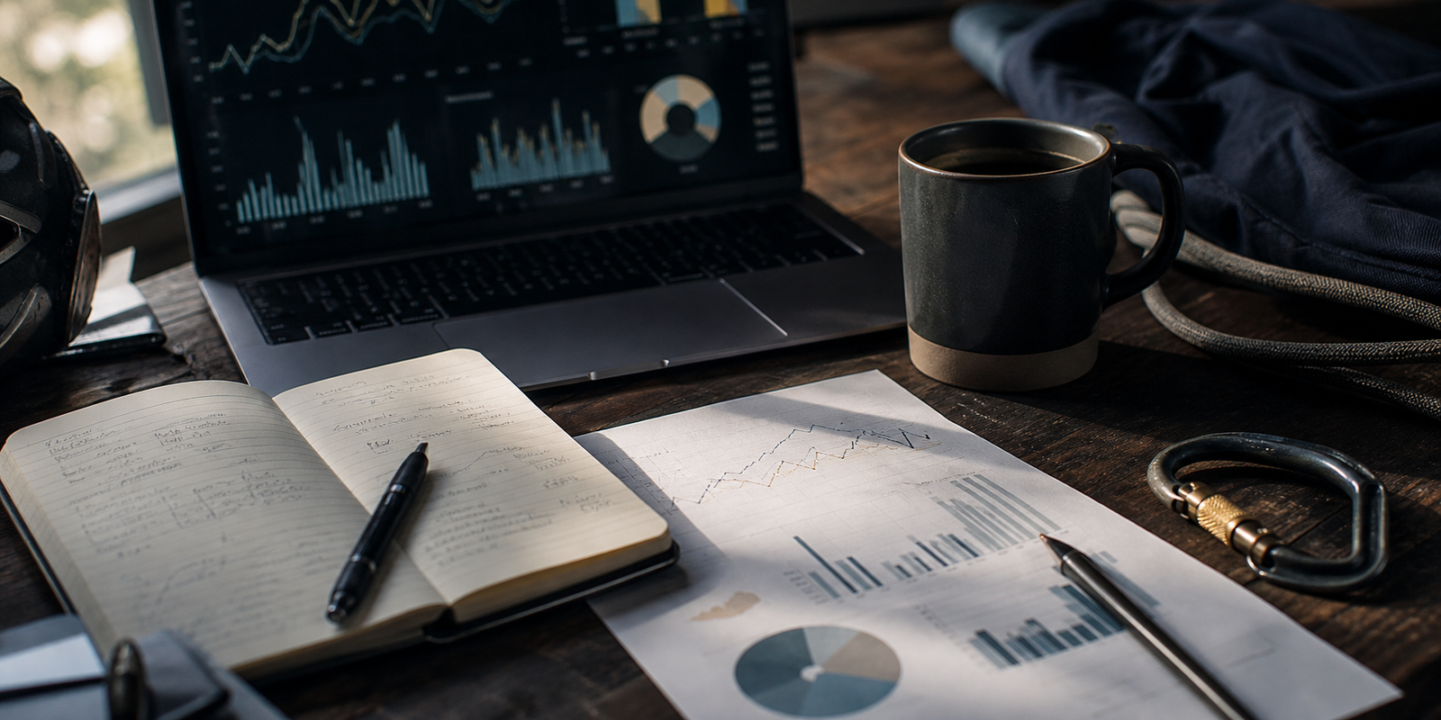 Progress review desk with charts, notes, and training objects