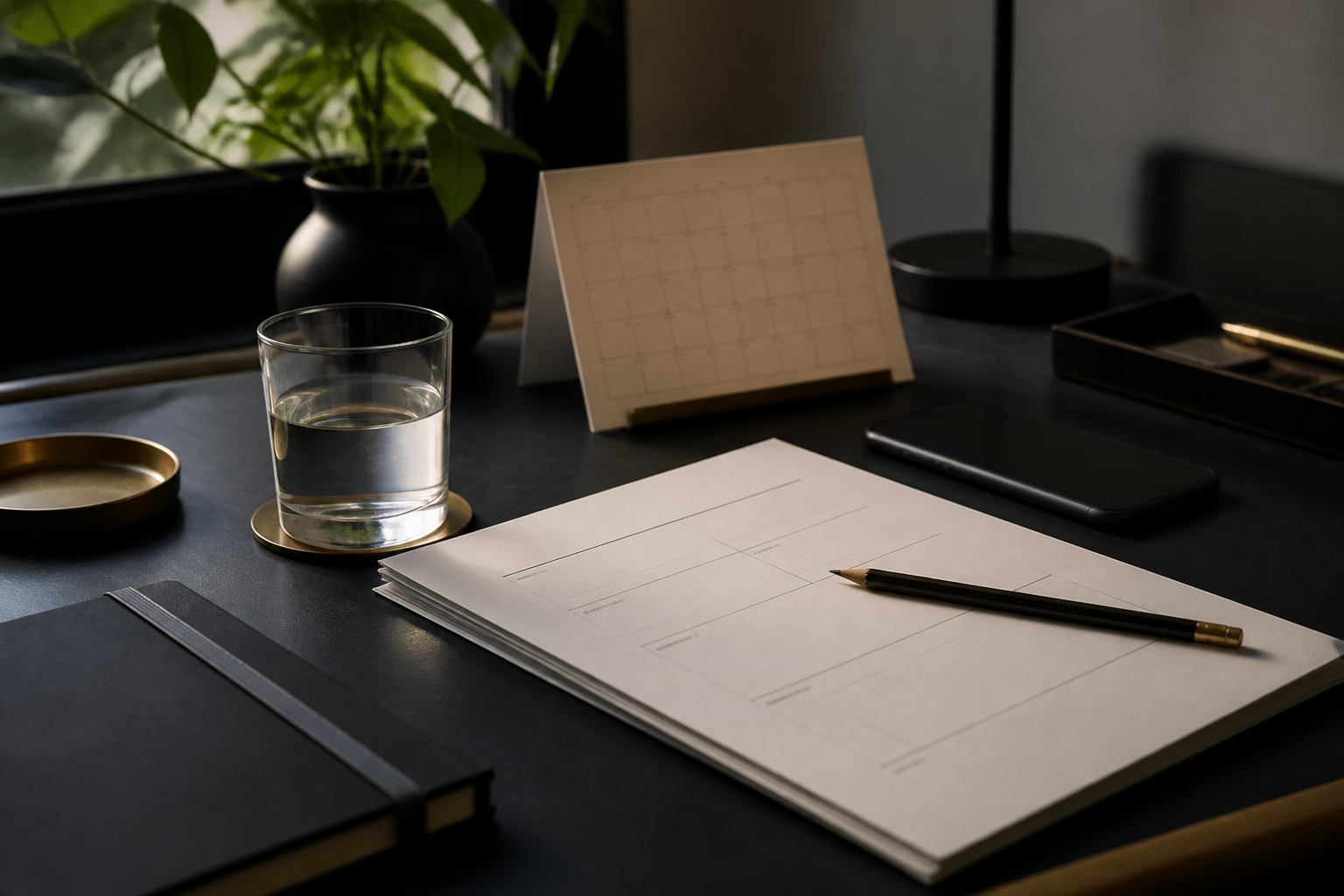 Planning desk with blank request sheets and a calm work setup