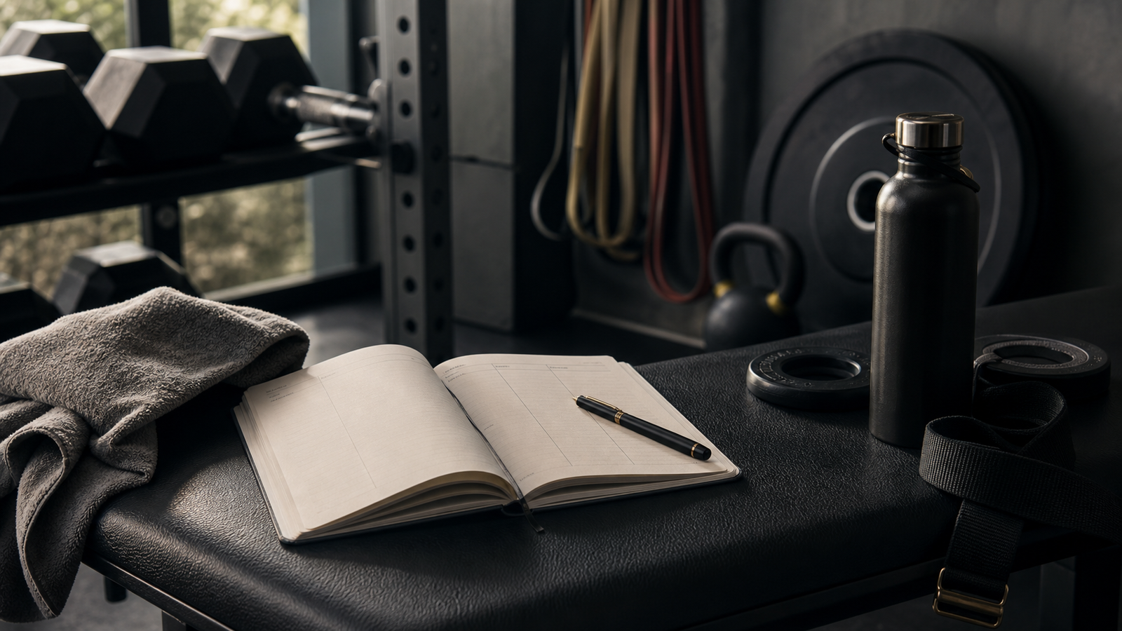 Strength training tools and a notebook in a quiet gym corner