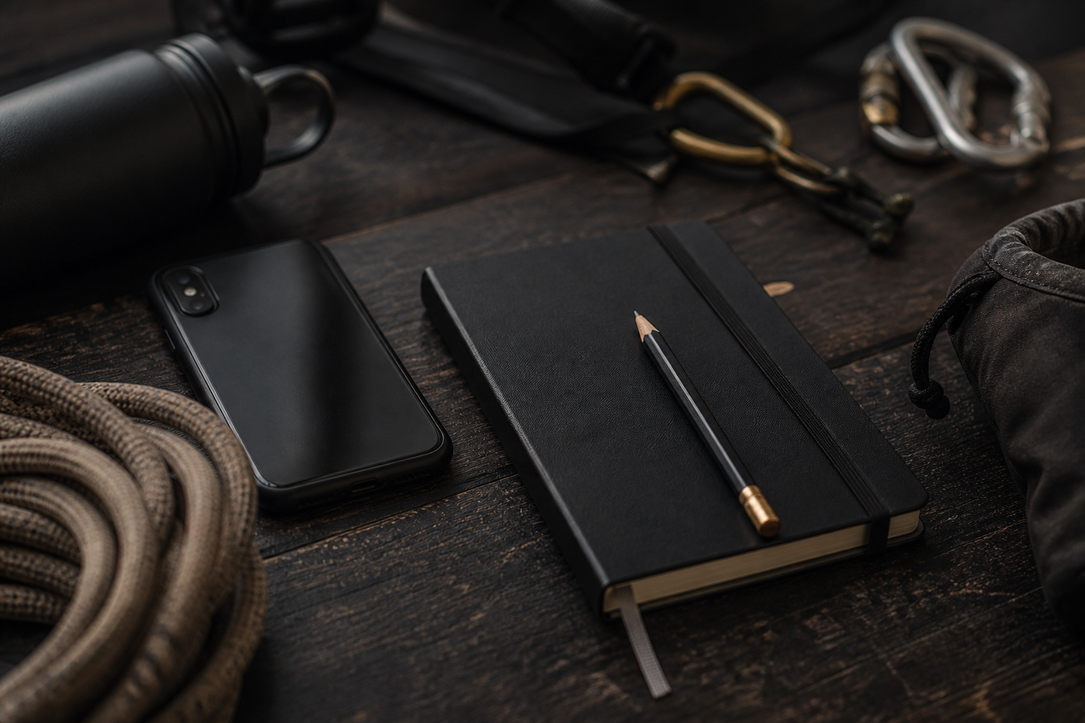Training notebook, phone, and equipment on a dark table